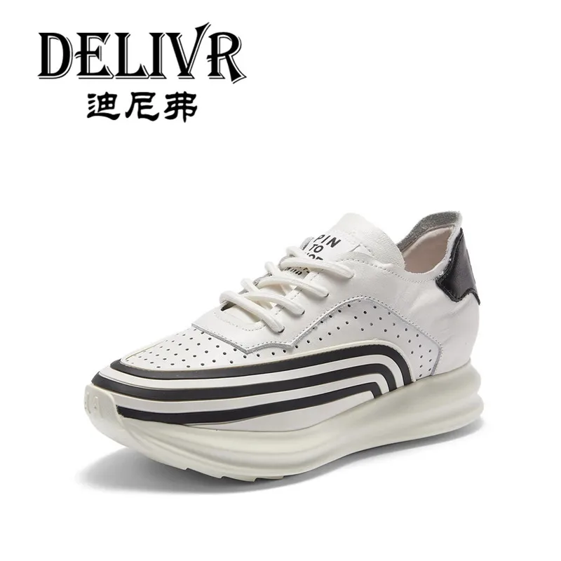 

Delivr High Top Women Casual Sneaker Chunky Shoes Platform Thick Sole Harajuku Cow Leather Vulcanized Shoes Womens Hollow Stripe