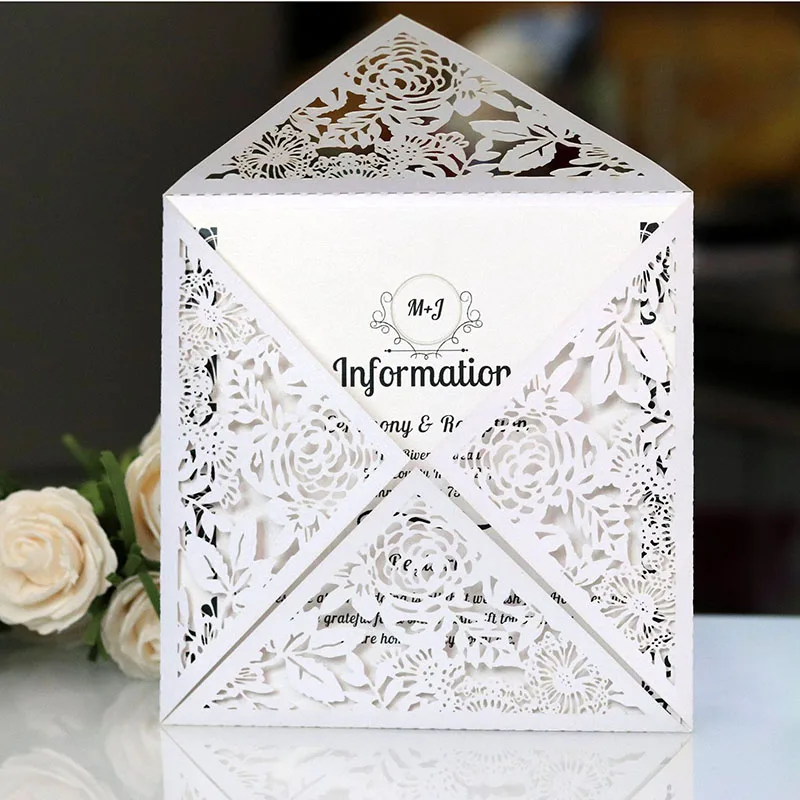  50pcs White Elegant Square Hollow Laser Cut Wedding Invitation Card Custom Printing Wedding Decorat - 32984962112
