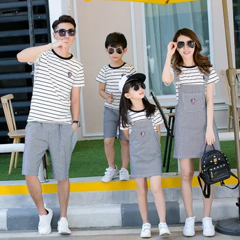 

Family Matching Outfits Clothes Mum Mom and Daughter Dress Striped 2018 Father Baby Son Shirt+ Pant Denim Overalls Jeans Dress