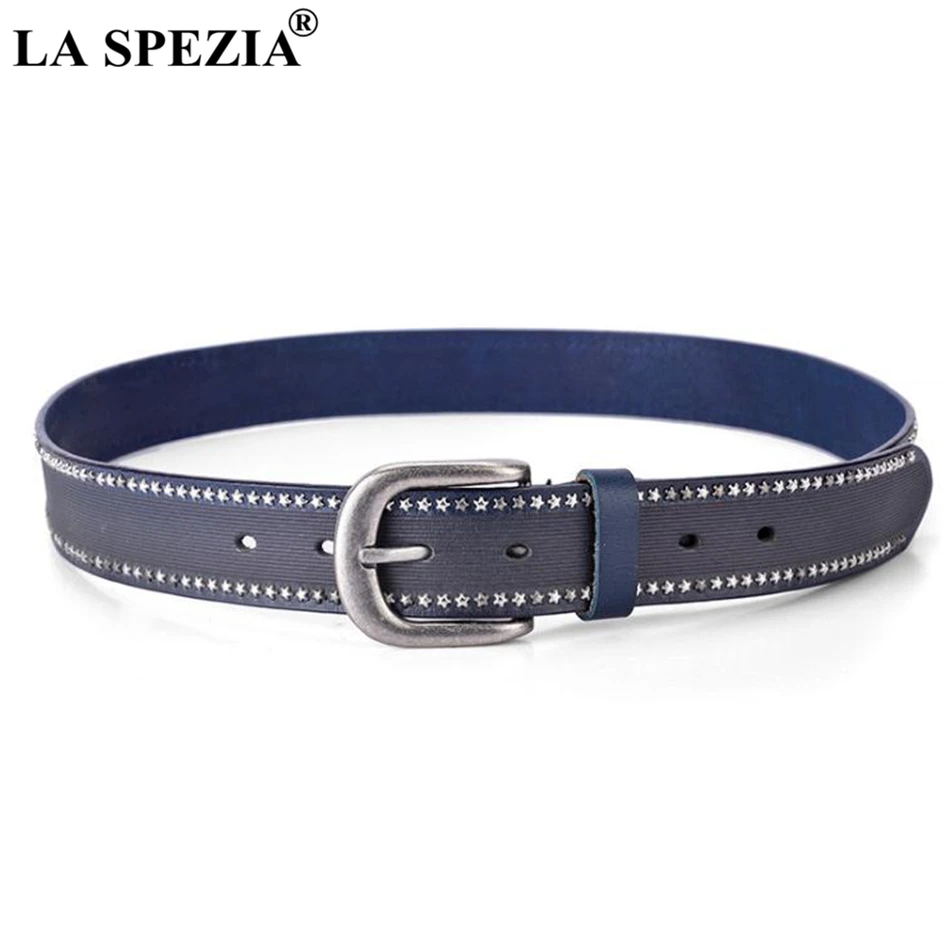 LA SPEZIA Rivet Belts For Women Genuine Leather Belt Blue Metal Pin Buckle Black Belt Ladies