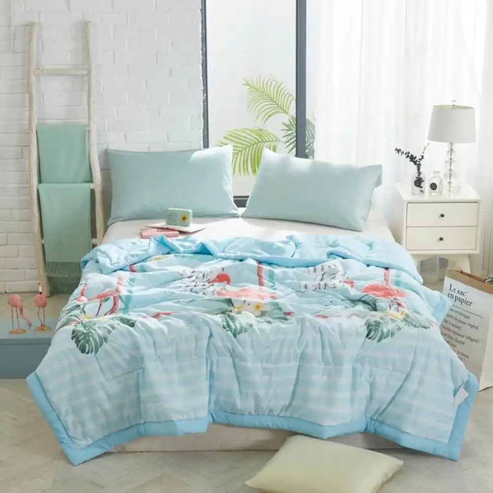 2019 Flamingo Leaves Blue Stitching Comforter Summer Quilt Air