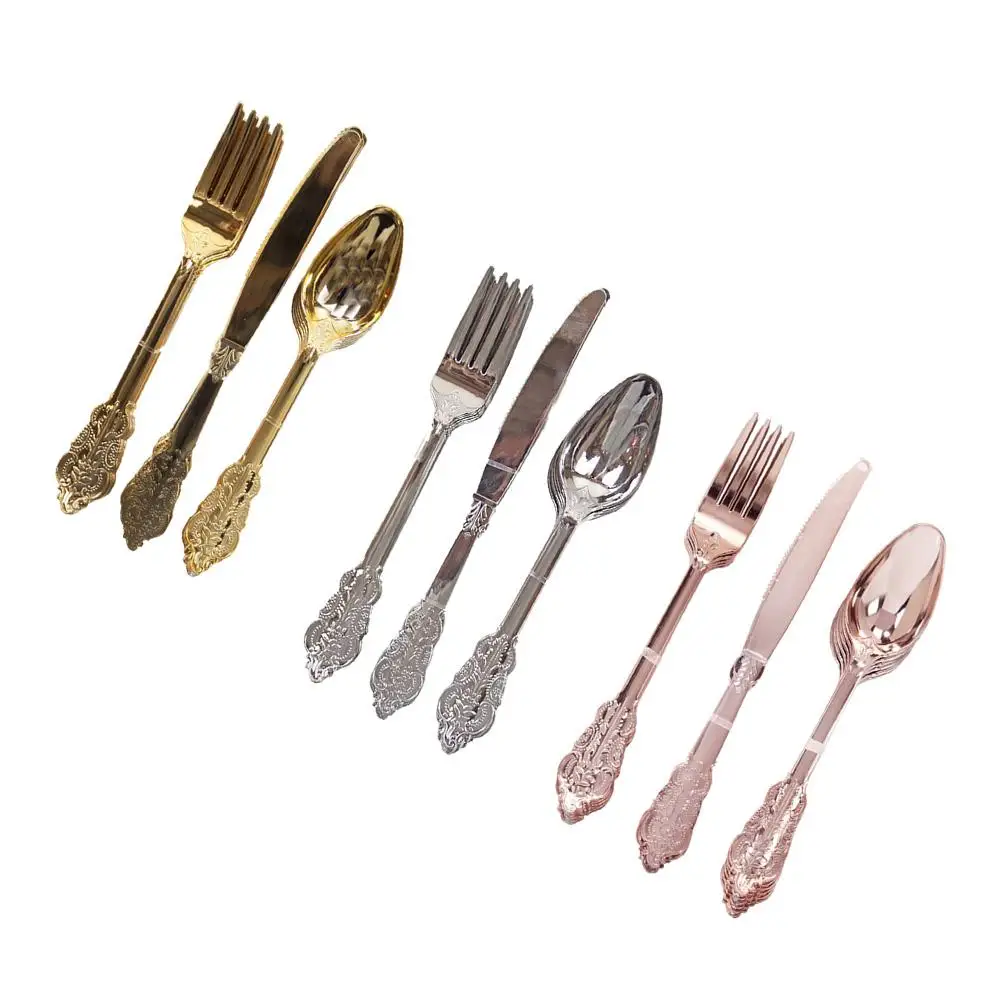 

Disposable Imitation Metal Plastic Gold Silver Carved Embossed Cutlery Western Tableware Set Wedding Party Tableware