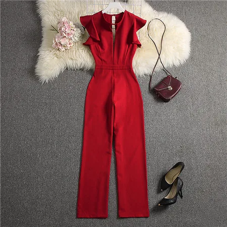Red ALPHALMODA летние женские сексуальные комбинезоны с глубоким v-образным вырезом, однотонные прямые длинные штаны, женские вечерние комбинезон, комплект одежды - Color: Red