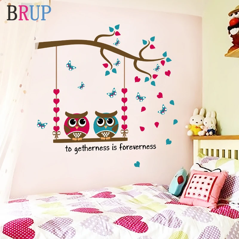 Friendly Cartoon Owls Wall Stickers For Kids Room Lovely Tree Animal ...