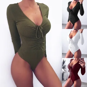 

Sexy V-neck Bandage Thong Jumpsuit Long Sleeve Bodysuit Women Club Playsuits