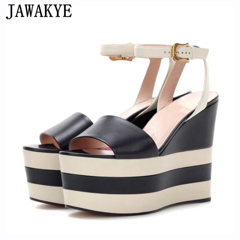 

Genuine leather platform wedge heels sandals women stripe ankle strap peep toe sexy T show 2018 summer shoes zapatos mujer