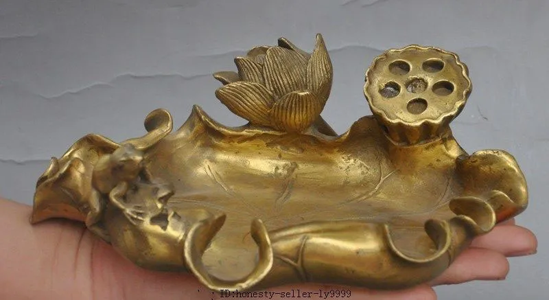 

chinese pure brass lotus flowers animal Frog lucky statue Ashtray Pen wash