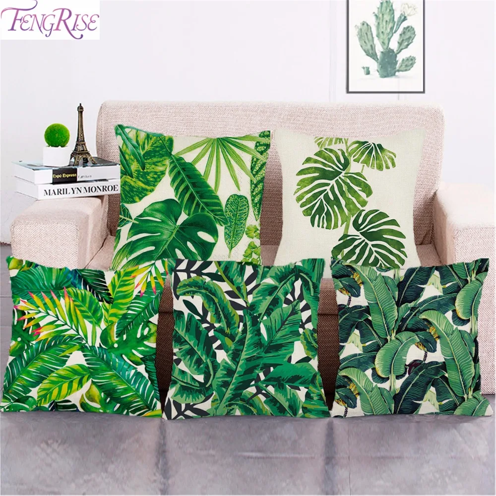 

FENGRISE Tropical Plants Cushion Green Palm Leaf Cushion Cotton Linen Throw Pillow Decorative Cushion for Sofa 45x45cm