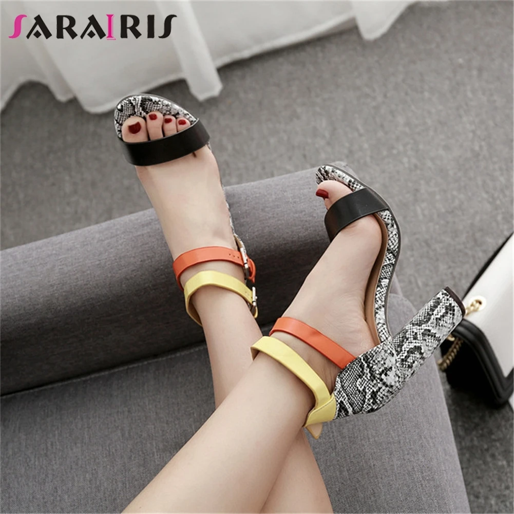 

SARAIRIS 2019 New Fashion Big Size 35-43 Snake Veins Ladies High Heels Buckle Women Shoes Woman Casual Party Summer Sandals