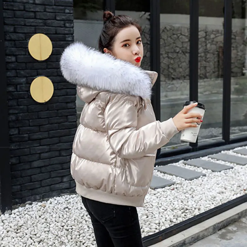 Зимняя женская куртка, высокое качество, с капюшоном, искусственный мех, глянцевое зимнее пальто, женская куртка, парка, теплый, утолщенный пуховик, верхняя одежда 3 - Цвет: apricot white fur
