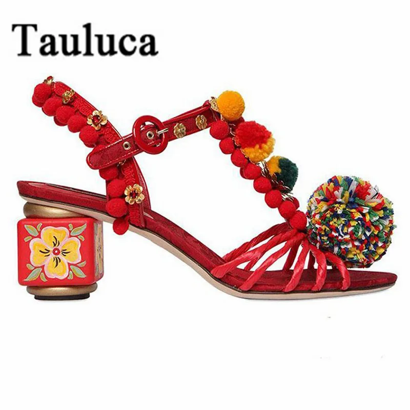 

New Design Women Handmade Flower National Style Sandals Leather Suede Hand Drawn Thick High Heels Buckle Strap Bohemia 2019 Shoe