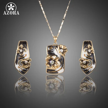 

AZORA Unique Gold Color Black Flower Oil Painting Pattern Stud Earrings and Pendant Necklace Jewelry Set TG0186