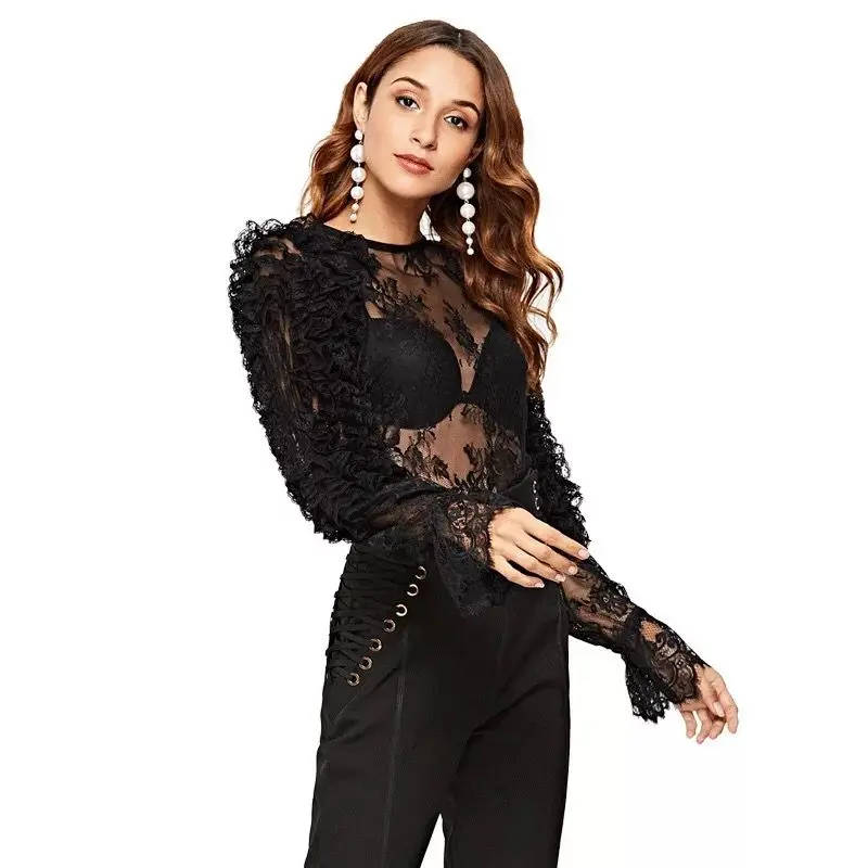 

New Sexy Lace Perspective Blouse For Women 2019 Designer Ladies Long Puff Sleeves O-neck Party Shirts Club Tops White Black Hot