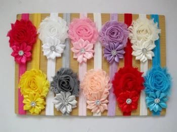 

10PCs per Set 10Colors Baby Girl Shabby Rhinestone Flowers Elastic Headband Handmade Free Shipping
