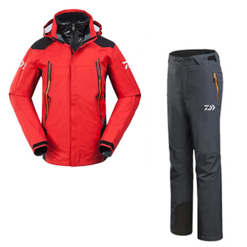 DAIWA Men Waterproof Outdoor Sports Winter Removable Liner Fishing Clothes Pants Coat Warm Jacket Mountaineering Clothes Set - Цвет: Red Clo Gray Pant