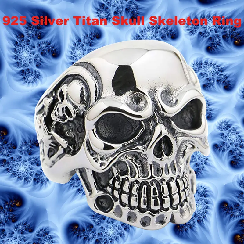 

Punk Retro Fashion Skull Skeleton Ring Solid 925 Sterling Silver Cool Men's Knight Individuality Titan Ring 8V005