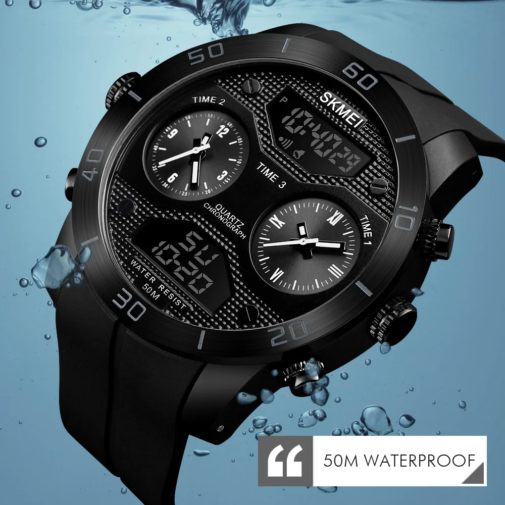 

50m Waterproof Digital Sports Men Watch Men's Digital Quartz Wrist Watch Man 3 Time Display El Light Week Alarm Wristwatches