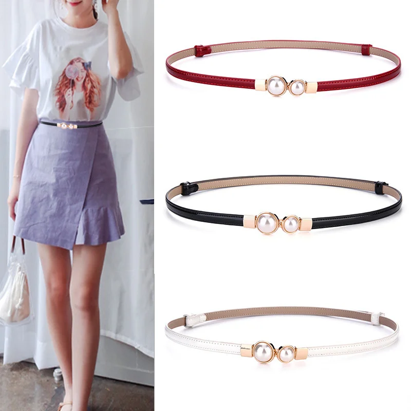 

Women's Stylish Cowhide Strap Gold Pearls Buckle Skinny Waist Belts For Dress Female Designer Fashion Lady Cummerbunds Belt