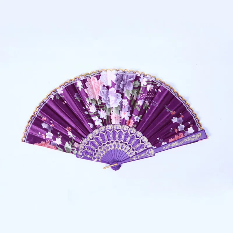 

Chinese Flower Floral Fabric Lace Folding Hand Fan Dancing Wedding Decor Fan Hot Sale