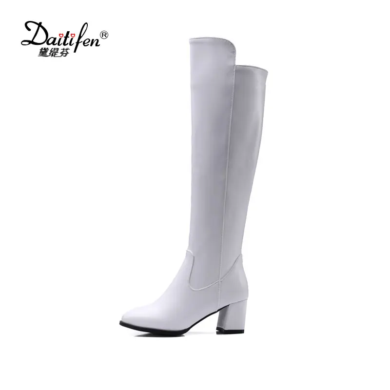 

Daitifen New Knee High Boots Women Round Toe High Heels Winter Shoes Women Fashion Square Heel Warm Leather Long Zipper Boots
