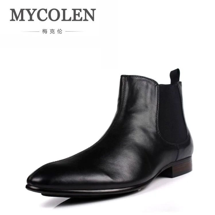 MYCOLEN/брендовая модная мужская обувь; зимние мужские ботильоны из мягкой кожи; высокие ботинки «Челси» с круглым носком; модельная обувь для работы; Botte - Цвет: Черный