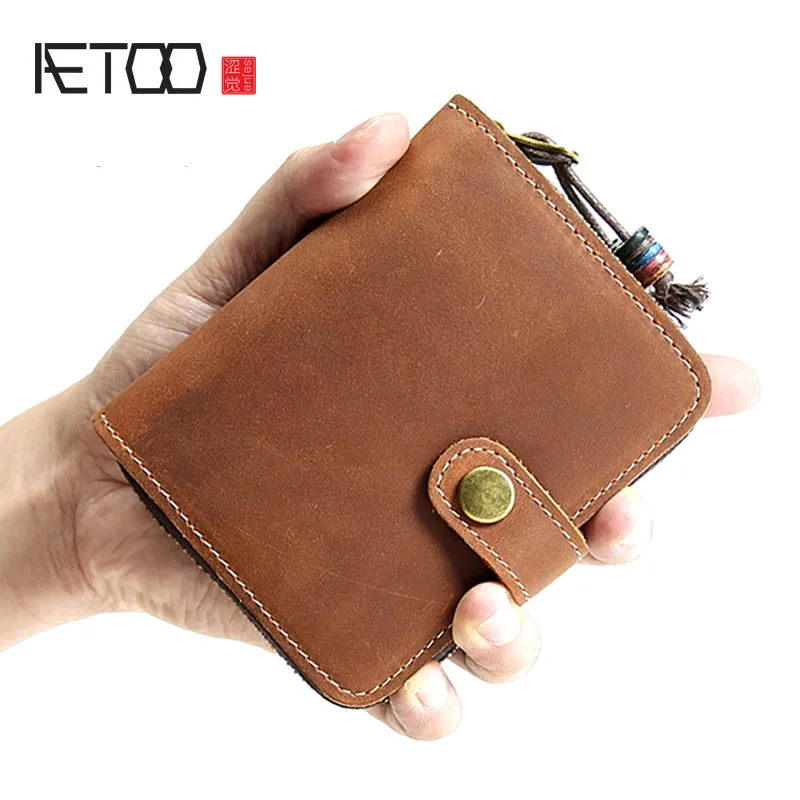 

AETOO Original handmade retro men's leather short wallet leather wallet casual zipper purse vintage men's bag