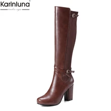 Karinluna/Новое поступление; сапоги до колена на не сужающемся книзу высоком массивном каблуке; большие размеры 33-43 Женская обувь Прямая поставка; цвет черный, коричневый женские ботинки