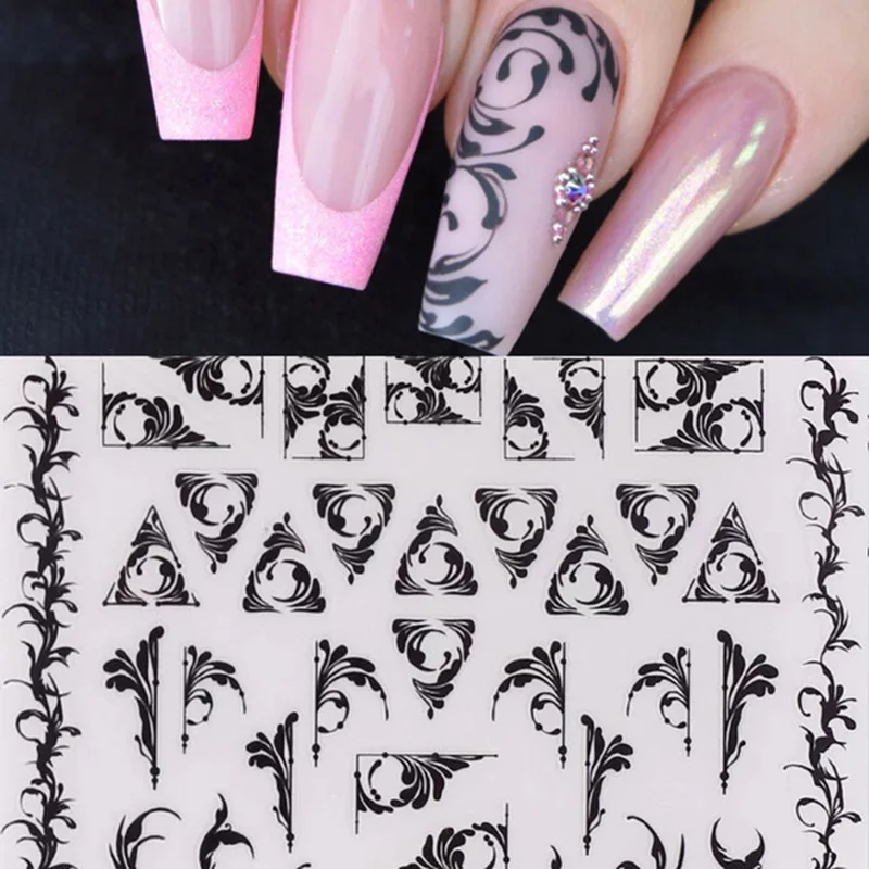 Стикеры 3D на ногти Nail Art черный и белый цвет арабиеска форма водный переводной