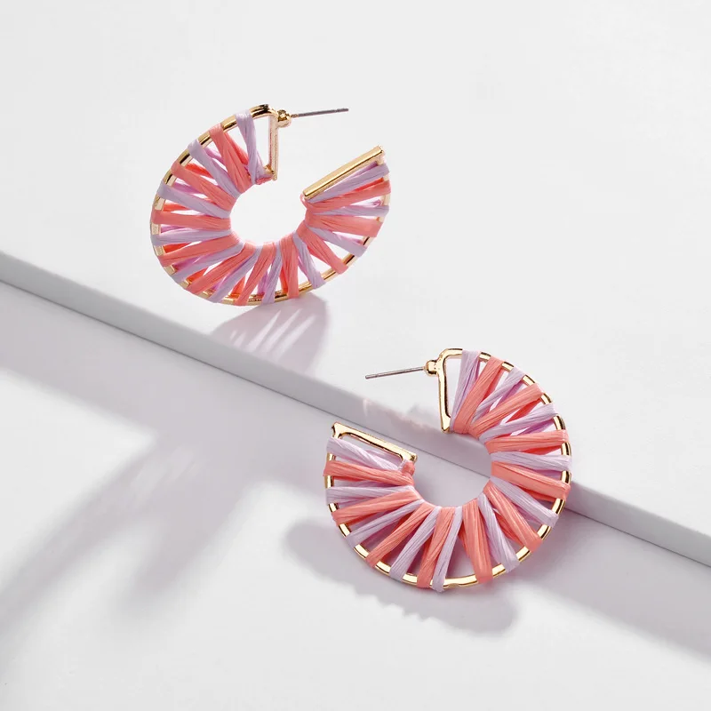 

Dyed Candy Colors Lafite Woven Earrings for Women Geometric Round Hollow Alloy Drop Earings Statement Korean Earrings Oorbellen