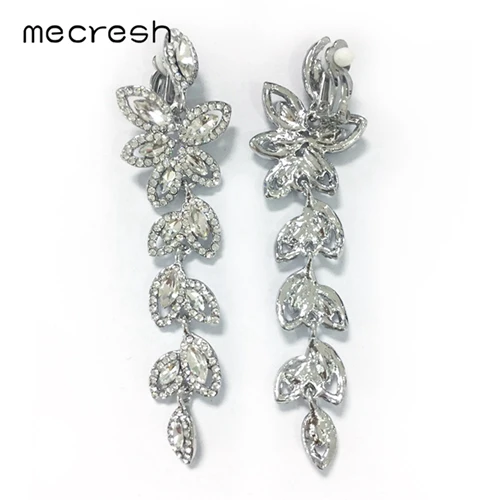 Mecresh, женские серьги-клипсы с кристаллами в виде ветки листьев, серебряный цвет, маркиза, Свадебные Длинные серьги-клипсы без пирсинга, 282-Clip - Окраска металла: Clip