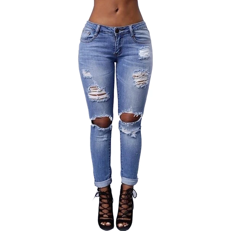 

Women 's Wash High Waisted Denim Pants Euro Street Styles Personality S-XL Size Ripped Skinny Pencil Jeans #86645