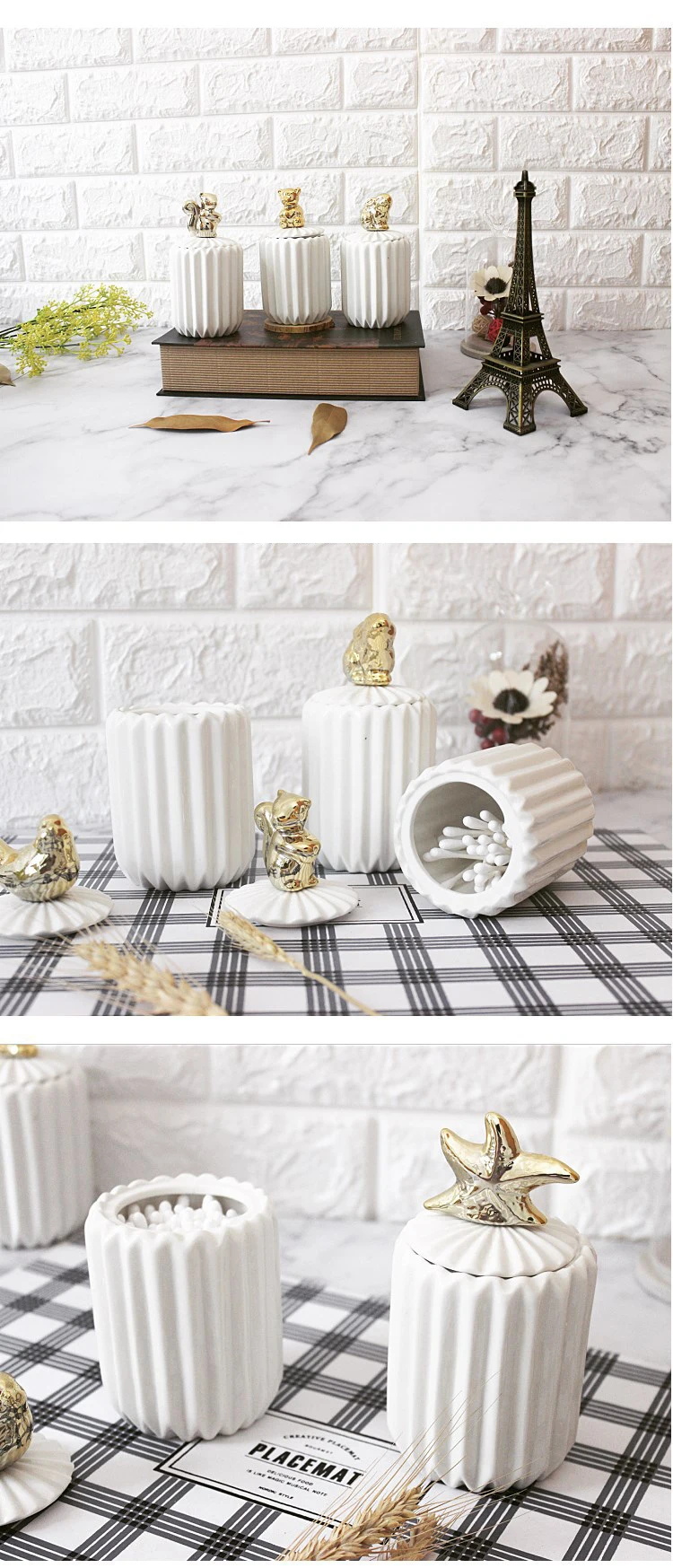 Dustproof With Lid Animal Cotton Swab Ceramic Jar Glass Containers White Desktop Jewelry Storage Tank Home Decoration Storage