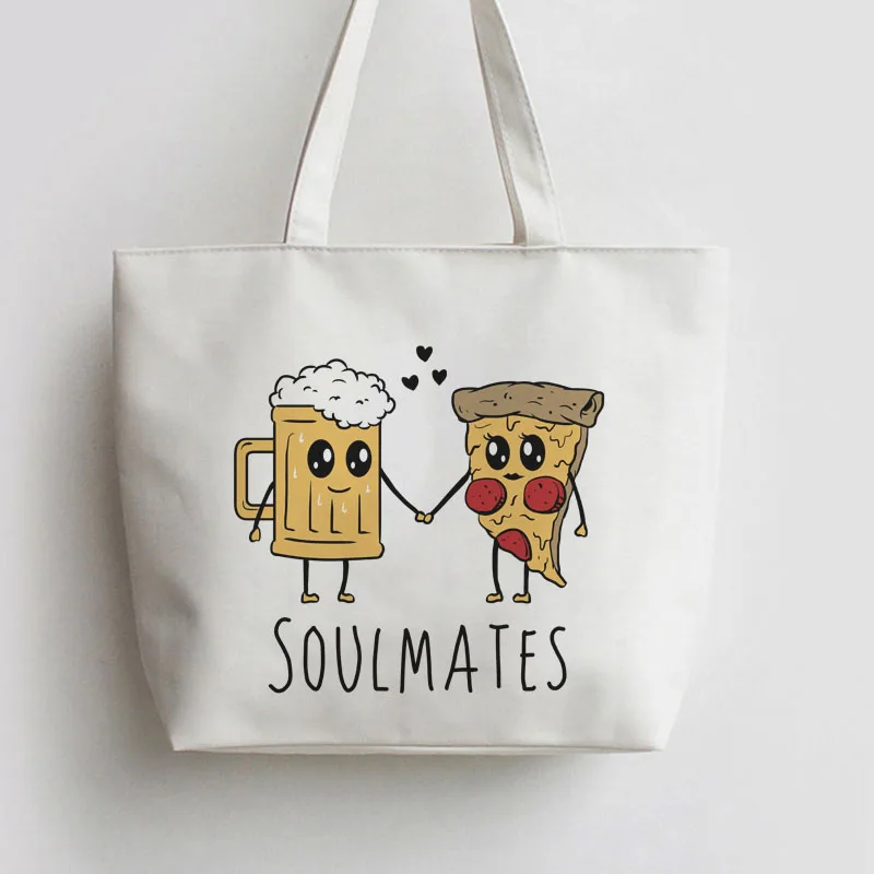 

Beer and pizza Anime Canvas Tote bags Cartoon Shopping bag school Shoulder Reusable Shopper Grocery Bag GA838