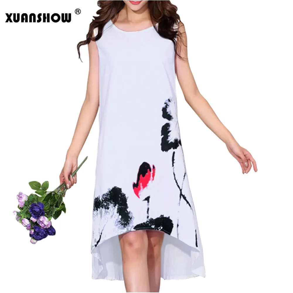 Женское Хлопковое платье XUANSHOW повседневное льняное без рукавов в китайском