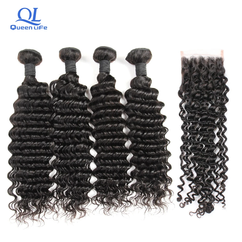 

Queenlife Peruvian Deep Wave Bundles With Closure 28 inch Nature Color Remy Human Hair Weaving 3 bundles Deal for black woman