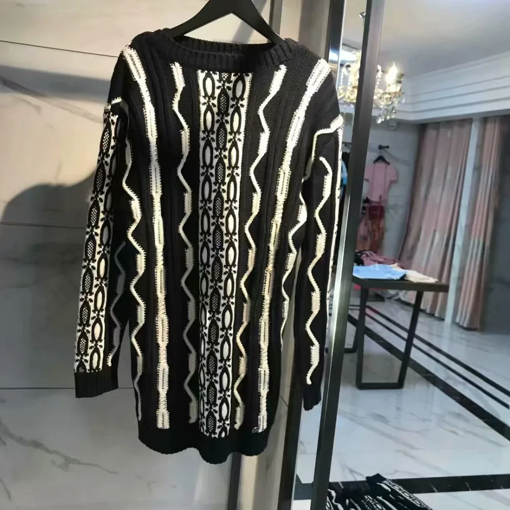 Высококачественный свитер для женщин, дизайнерский бренд, черный, белый цвет, волнистая шерсть, плотный вязаный свитер