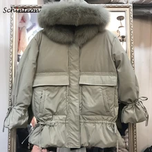 Schinteon, женский пуховик, натуральный мех лисы, отделка, капюшон, теплая зимняя верхняя одежда, зеленый, розовый, регулируемые рукава, настоящие фотографии
