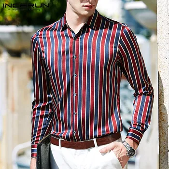 

INCERUN Printing Business Shirt Men Silk Satin Lapel Neck Long Sleeve Men Social Brand Shirts Dress Works 2020 Camisa Masculina