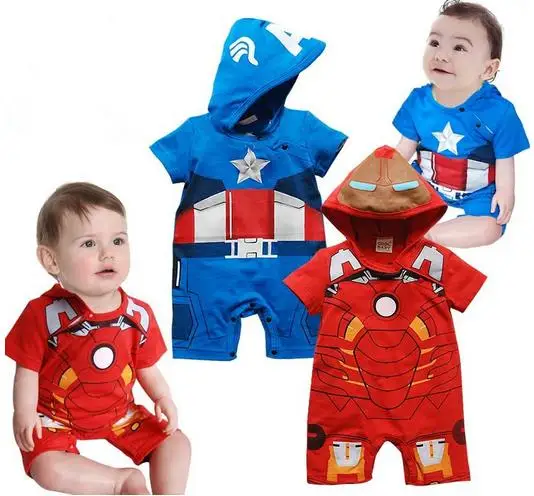 

Infant Captain America Iron Man Boy Clothing Baby Toddler Cotton Short Sleeve Hooded Super Man Rompers