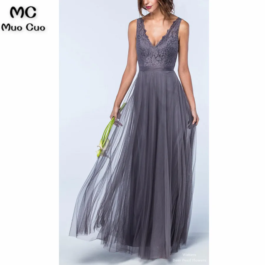 

2018 Lace Bridesmaid Dresses Long Tank Double Deep V-Neck Formal Wedding Party Dress Custom Made Tulle Women Bridesmaid Dress