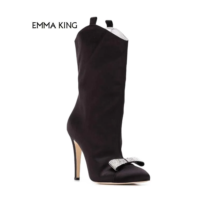 

Black Fashion Satin Ankle Boots Pointed Toe Rhinestone Embellished Bow To The Front Side Zipper High Stiletto Heel Shoes Woman