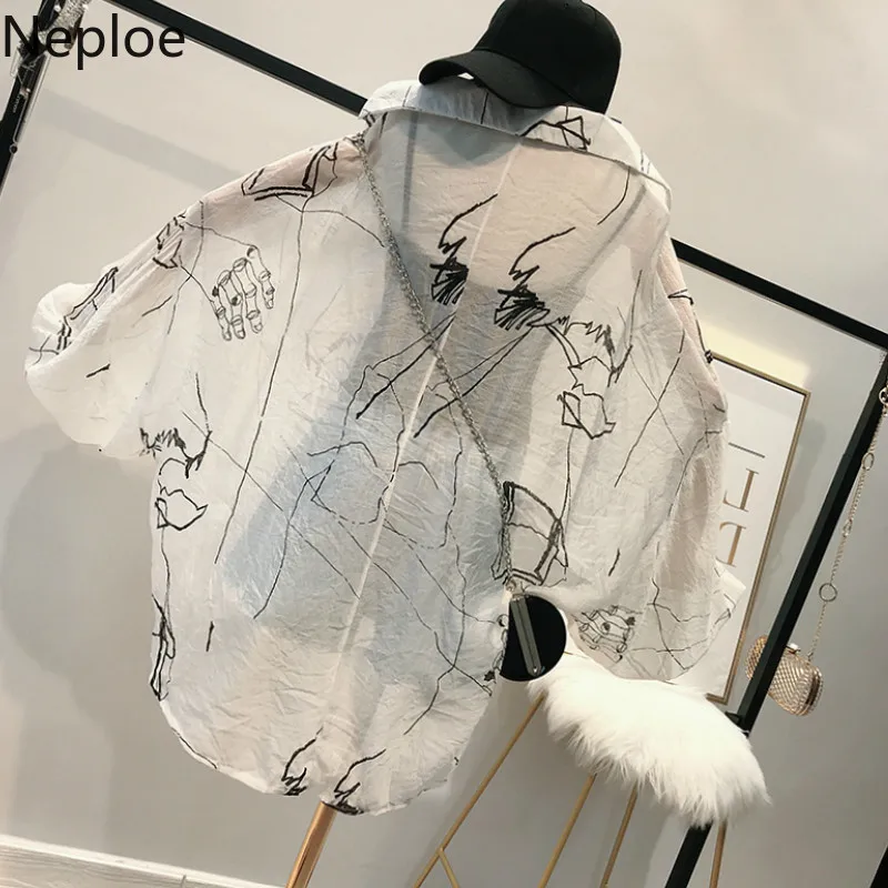 Neploe Harajuku, женские рубашки с принтом, лето, отложной воротник, рукав летучая мышь, блузка, свободная, солнцезащитная, женские топы 44659
