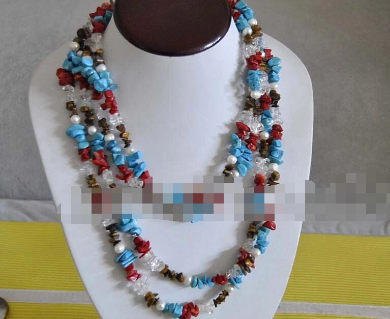 

0977 Natural Turquoise Coral Pearl Stone Bead Necklace Handmade