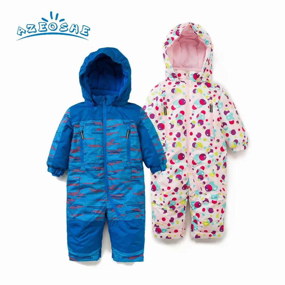 AZEOSHE baby romper for autumn winter ,baby girl pink polka dot snowsuit ,baby boy blue romper windproof and waterproof
