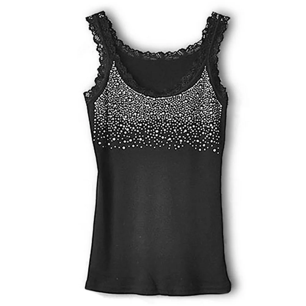 2015 New Women's Sexy Rhinestone Beaded Lace Stunning Vest Tank Top New T shirt Blouse Black
