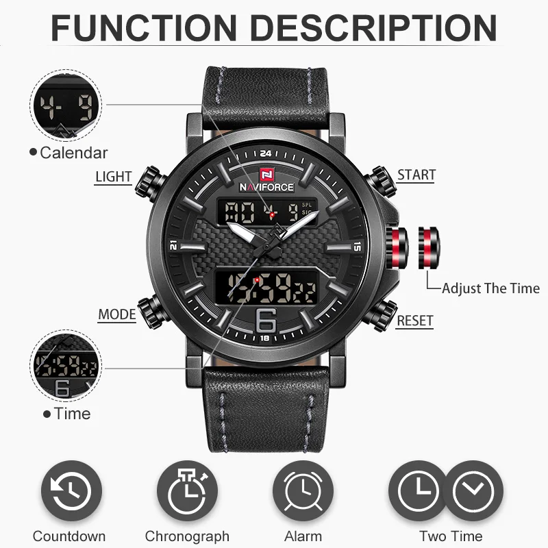 Goedkoop NAVIFORCE Top Luxe Merk Militaire Quartz Heren Horloges LED Datum Analoge Digitale Horloge Mannen Mode Sport Klok Relogio Masculino