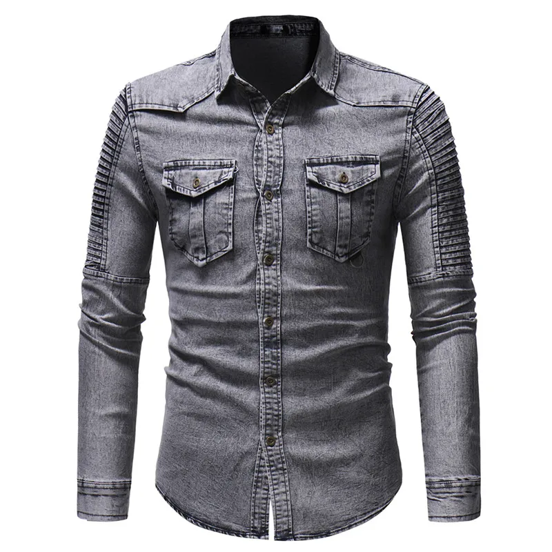 

2019 Men's Spring and Autumn Washed Pleated Pocket Single-breasted Denim Shirt / Premium European and American Slim Long Sleeve