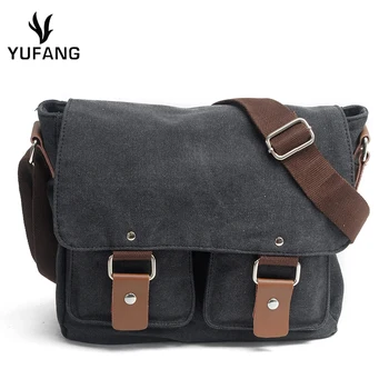 

YUFANG Men Vintage Canvas messenger bag crazy horse leather soft man travel bags retro school bag hasp military style handbag