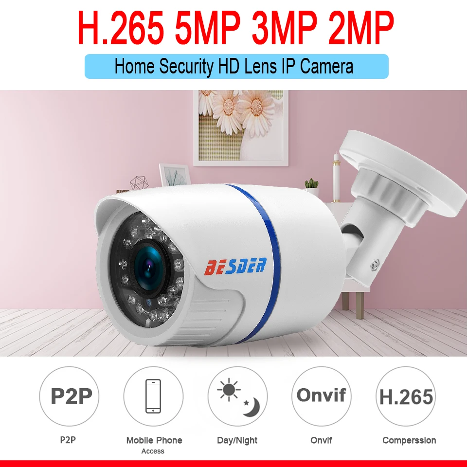 BESDER H.265 аудио 5MP 3MP 2MP IP Bullet камера наружного водонепроницаемого видеонаблюдения