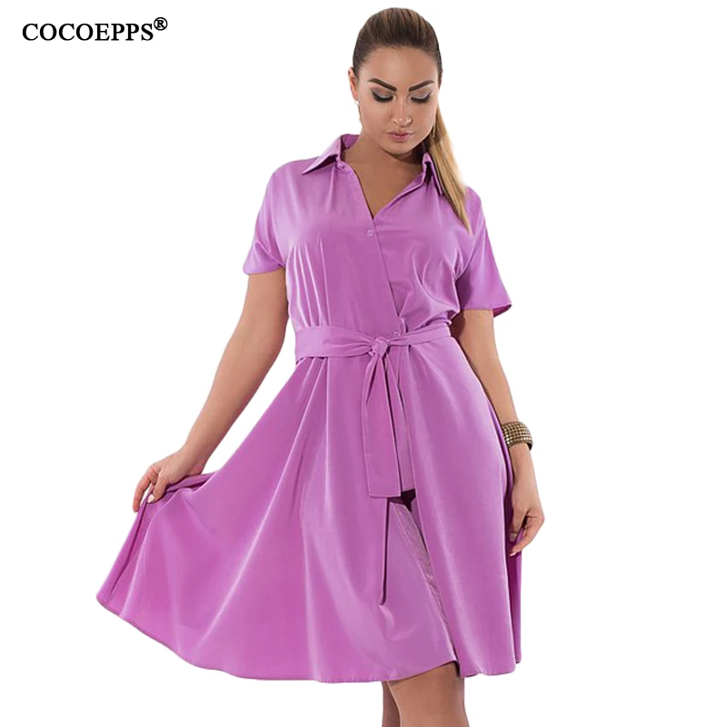 

2018 New 5XL 6XL Plus Size Fashion Women Dress With Sashes Loose Short Sleeve Turn-down Collar Casual Dresses Big Size Clothing